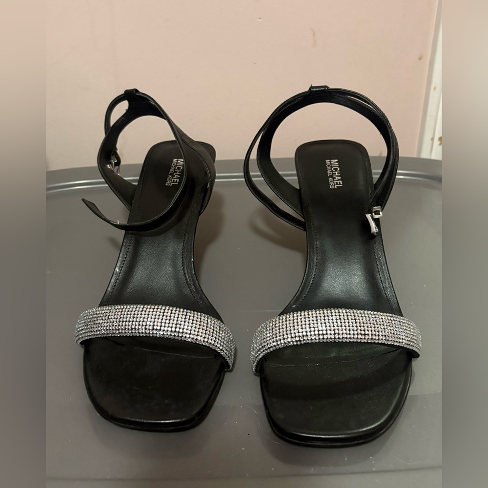 ⭐️Michael Kors Black Sandals with Rhinestone Strap(some heel damage)